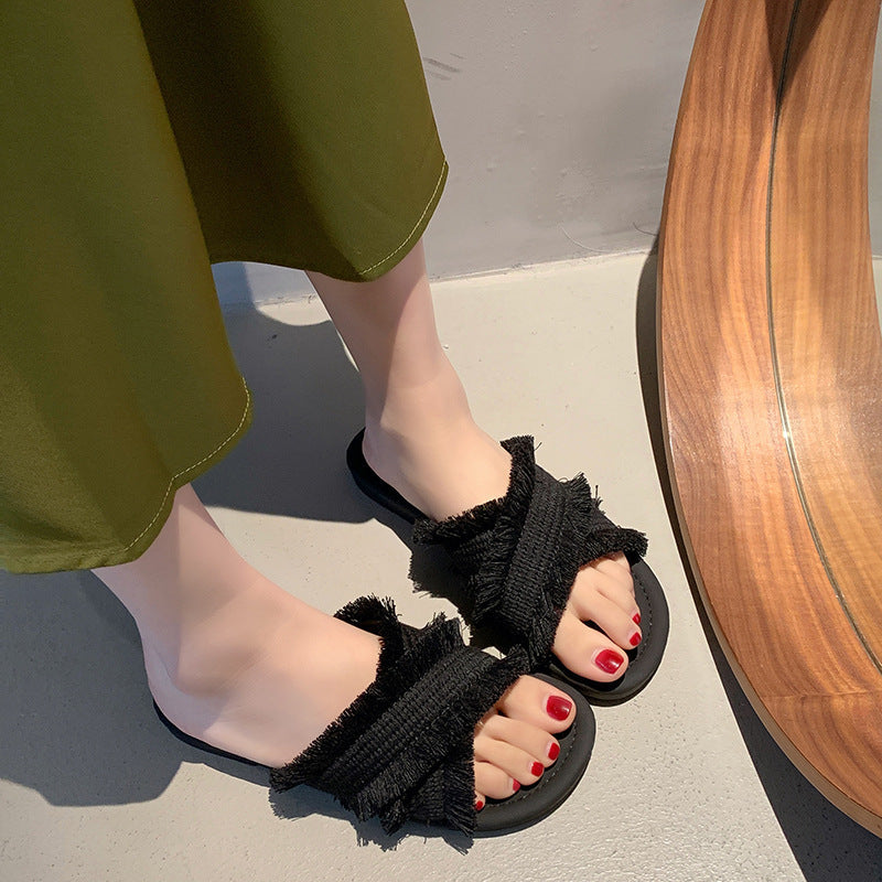 Damen Pantolette mit fransigem Design und softer Innensohle