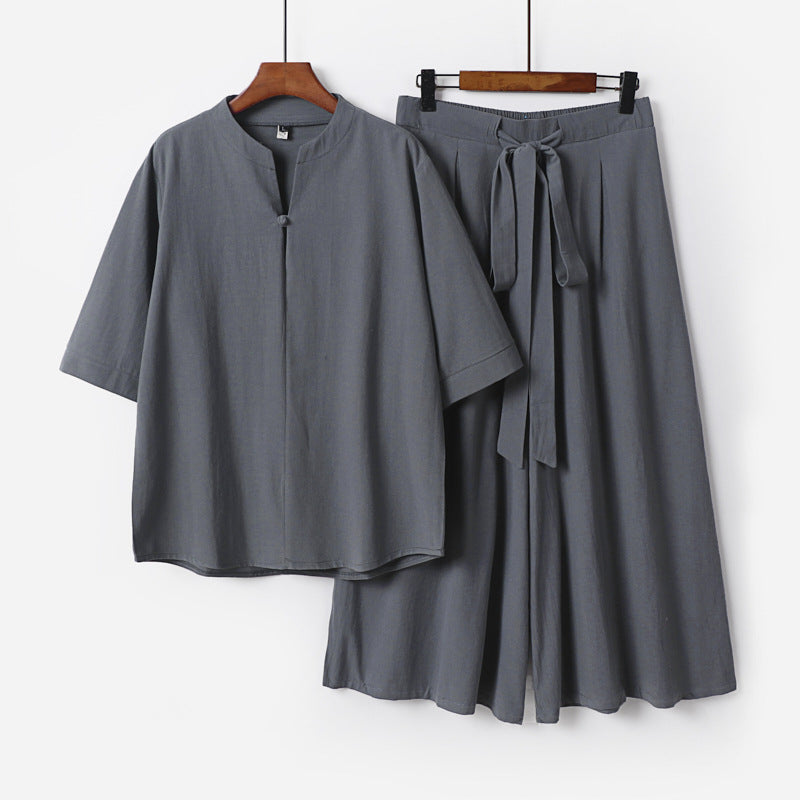 Damen Lässiges Leinen-Viskose Lounge-Set mit Stehkragen-Oberteil und weiten Palazzo-Hose Shop Nory