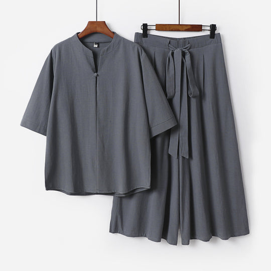 Damen Lässiges Leinen-Viskose Lounge-Set mit Stehkragen-Oberteil und weiten Palazzo-Hose Shop Nory