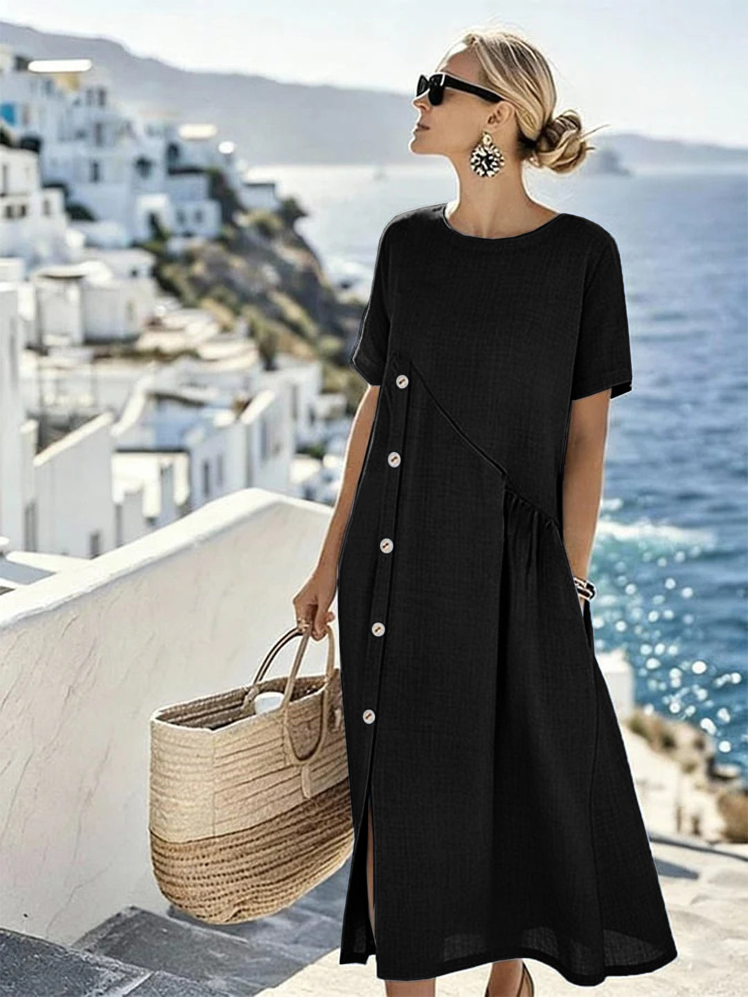 Damen Luftiges Sommerkleid mit seitlicher Knopfleiste, kurzen Ärmeln und Schlitz Shop Nory