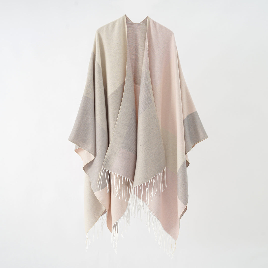 Damen Großer Wolloptik-Poncho mit geometrischem Blockmuster und Fransensaum Shop Nory