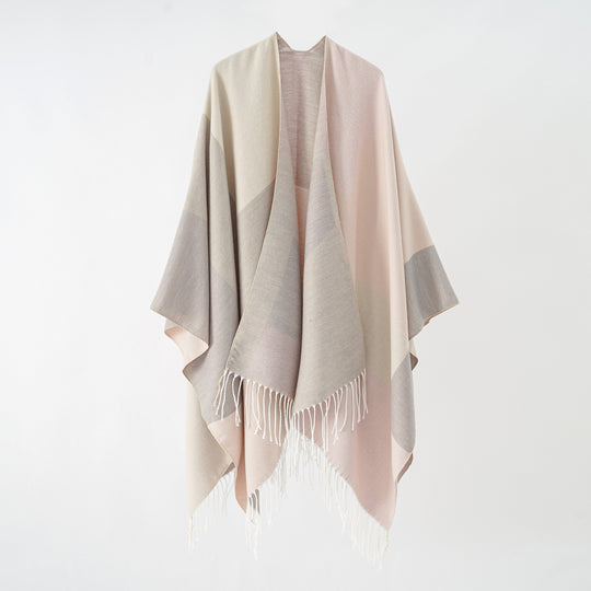 Damen Großer Wolloptik-Poncho mit geometrischem Blockmuster und Fransensaum Shop Nory