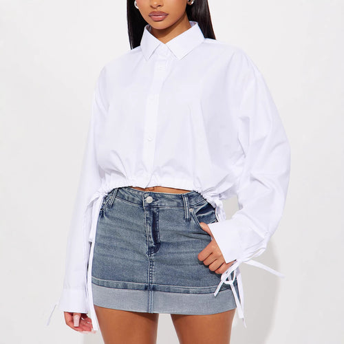 Damen Überschnittene Hemdbluse mit Tunnelzug‑Taille und Bindebändern Shop Nory
