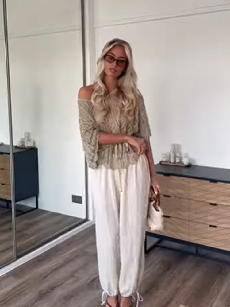 Damen Off-Shoulder Häkel-Strickbluse mit Tunnelzug und Volumenärmeln Shop Nory