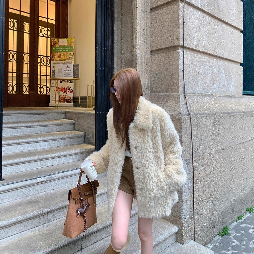 Damen Oversized Kunstfell‑Mantel mit Teddy‑Optik, Stehkragen und Eingrifftaschen Shop Nory