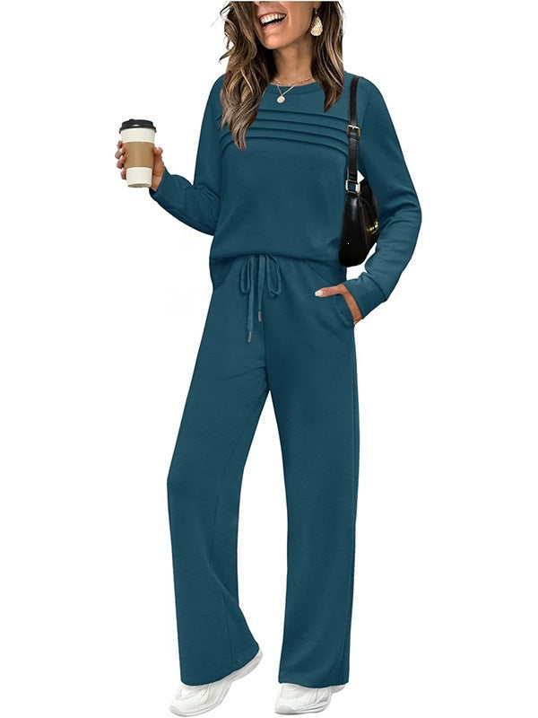 Damen Zweiteiliges Lounge-Set mit Plissee-Detail, Rundhals-Sweatshirt und weitem Kordel-Hose Shop Nory