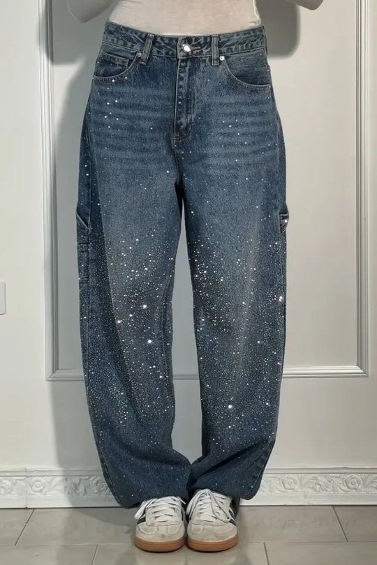 Damen High-Waist Jeans im weiten Cargo-Schnitt mit funkelndem Strassbesatz Shop Nory