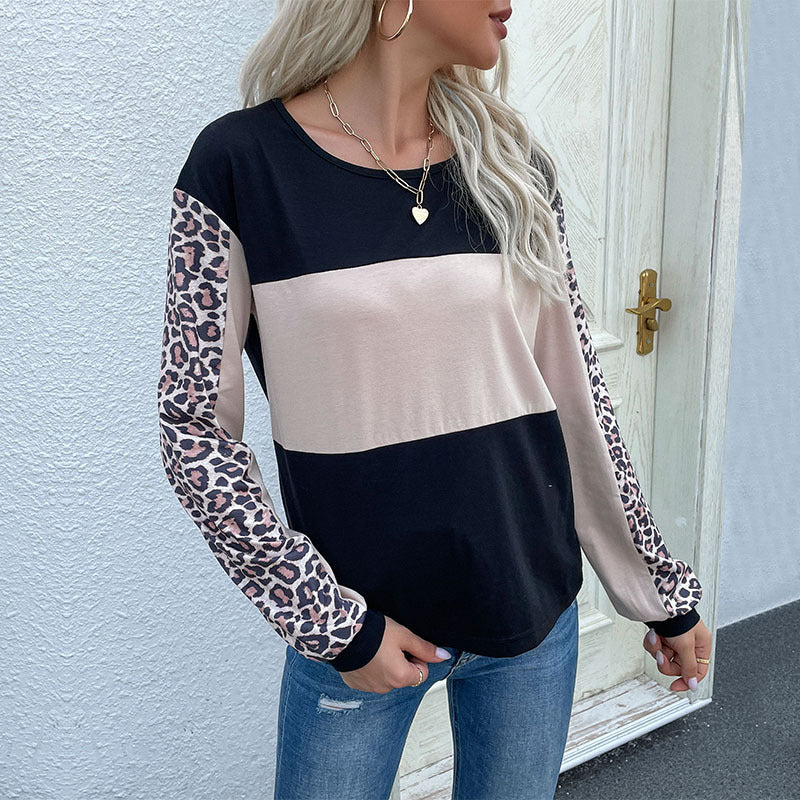 Damen Colorblock-Sweatshirt mit Leopardenärmeln und Rundhalsausschnitt Shop Nory