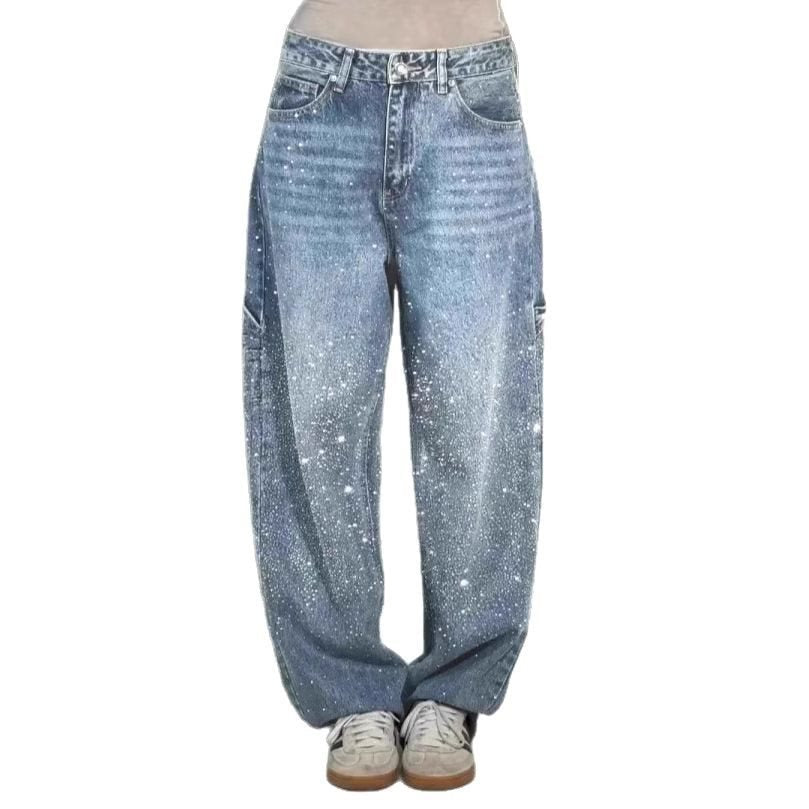 Damen High-Waist Jeans im weiten Cargo-Schnitt mit funkelndem Strassbesatz Shop Nory