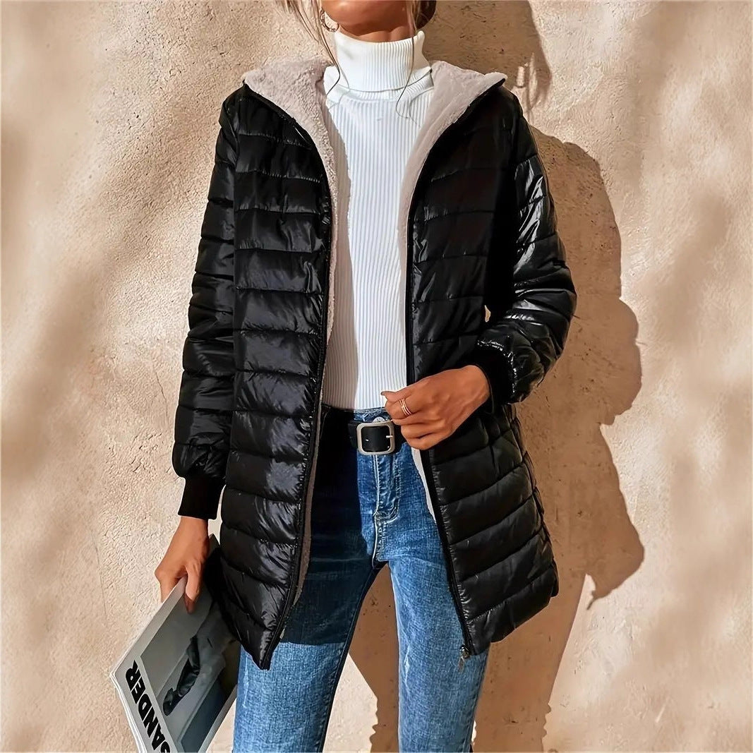 Damen Langer Steppmantel mit Teddyfutter und Kapuze Shop Nory