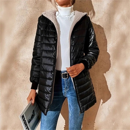 Damen Langer Steppmantel mit Teddyfutter und Kapuze Shop Nory