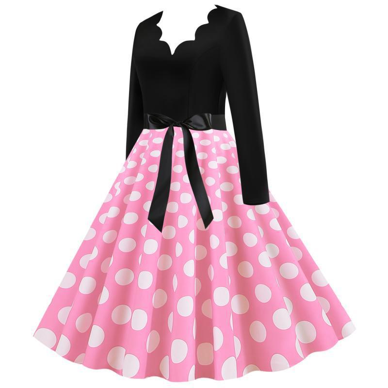 Damen Retro-Swingkleid mit langen Ärmeln tailliertem Oberteil gepunktetem Tellerrock und Schleifengürtel Shop Nory