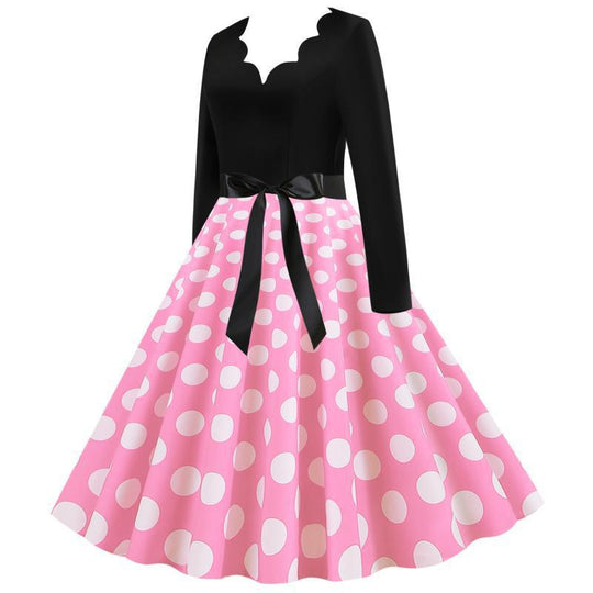 Damen Retro-Swingkleid mit langen Ärmeln tailliertem Oberteil gepunktetem Tellerrock und Schleifengürtel Shop Nory