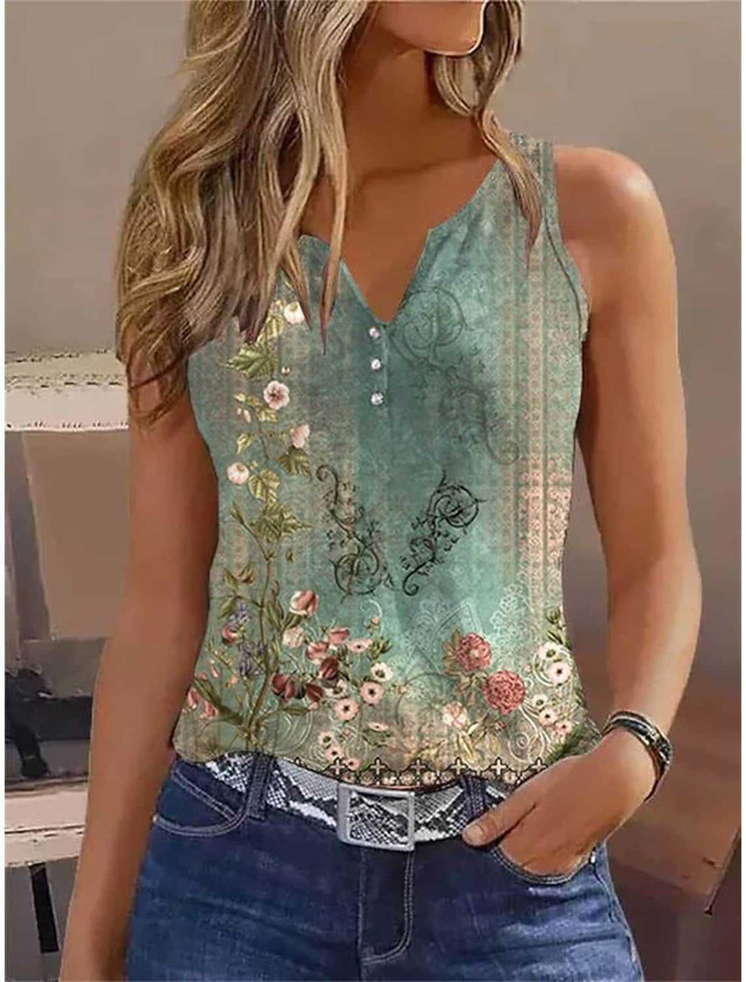 Damen Elegantes ärmelloses Oberteil mit floralen Akzenten