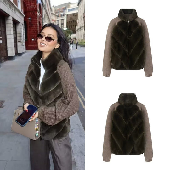 Damen Kurzjacke mit Kunstpelz‑Einsatz, grobgestrickten Ärmeln und Stehkragen Shop Nory