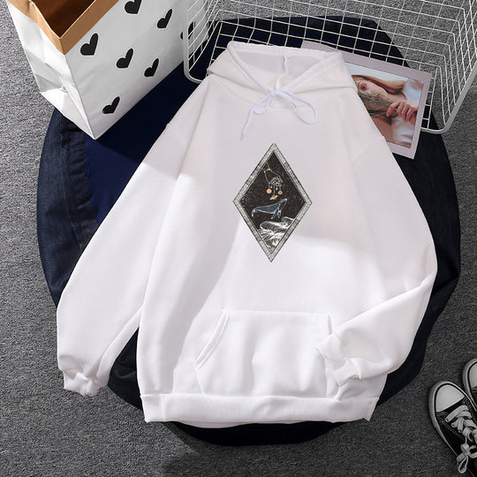 Damen nan lässiger Kapuzenpullover mit künstlerischem Mond‑und‑Pilzmotiv, weichem Fleecefutter und Kängurutasche Shop Nory