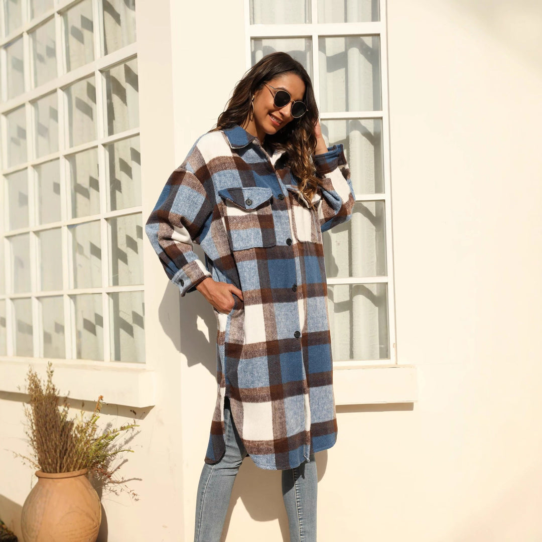 Damen Longline-Karo-Hemdjacke mit aufgesetzten Taschen Shop Nory