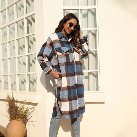 Damen Longline-Karo-Hemdjacke mit aufgesetzten Taschen Shop Nory