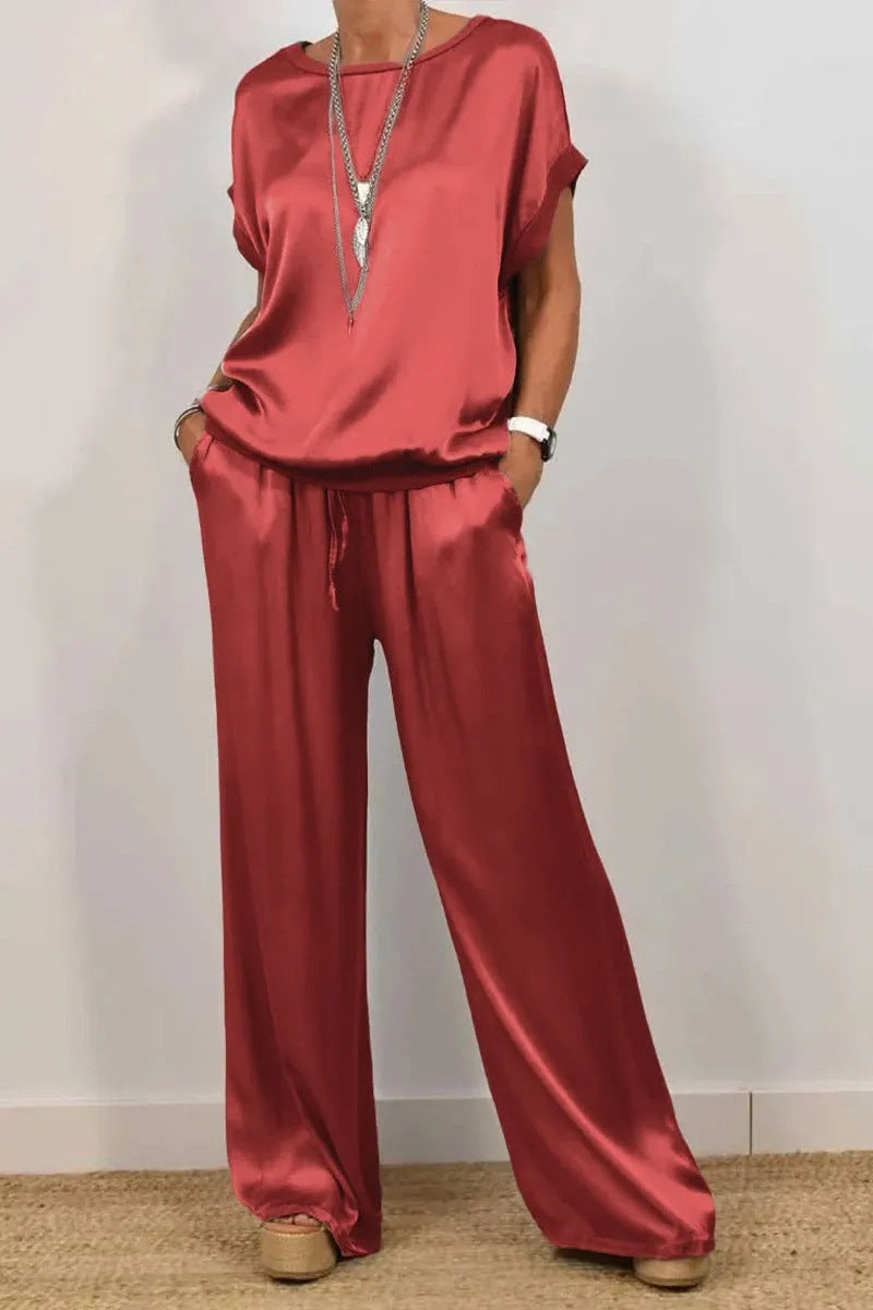 Damen Elegantes Satin Lounge-Set mit weitem Schnitt und lässigem Oberteil