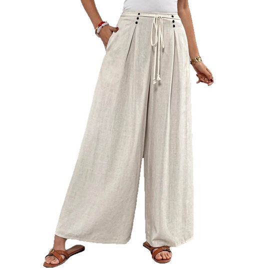 Damen Weite Palazzo-Leinenhose mit hohem Bund und Tunnelzug Shop Nory