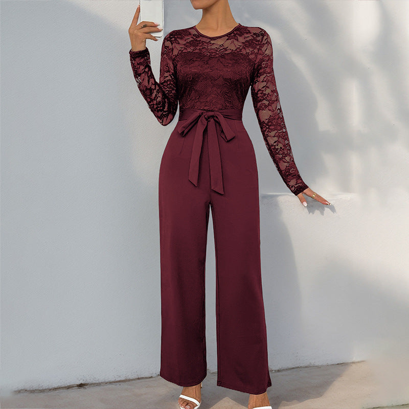 Damen Eleganter Jumpsuit mit Spitzenoberteil und tailliertem Bund