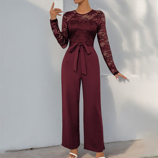 Damen Eleganter Jumpsuit mit Spitzenoberteil und tailliertem Bund