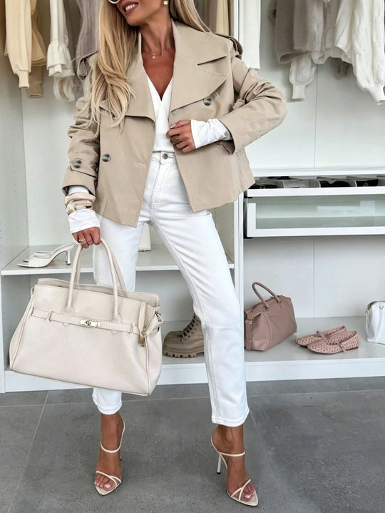 Damen Kurz geschnittener Doppelreihiger Trenchcoat mit Schulterklappen Shop Nory