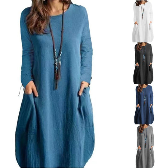 Damen Langes A‑Linien Leinenoptik Kleid mit Eingrifftaschen und Rundhalsausschnitt Shop Nory