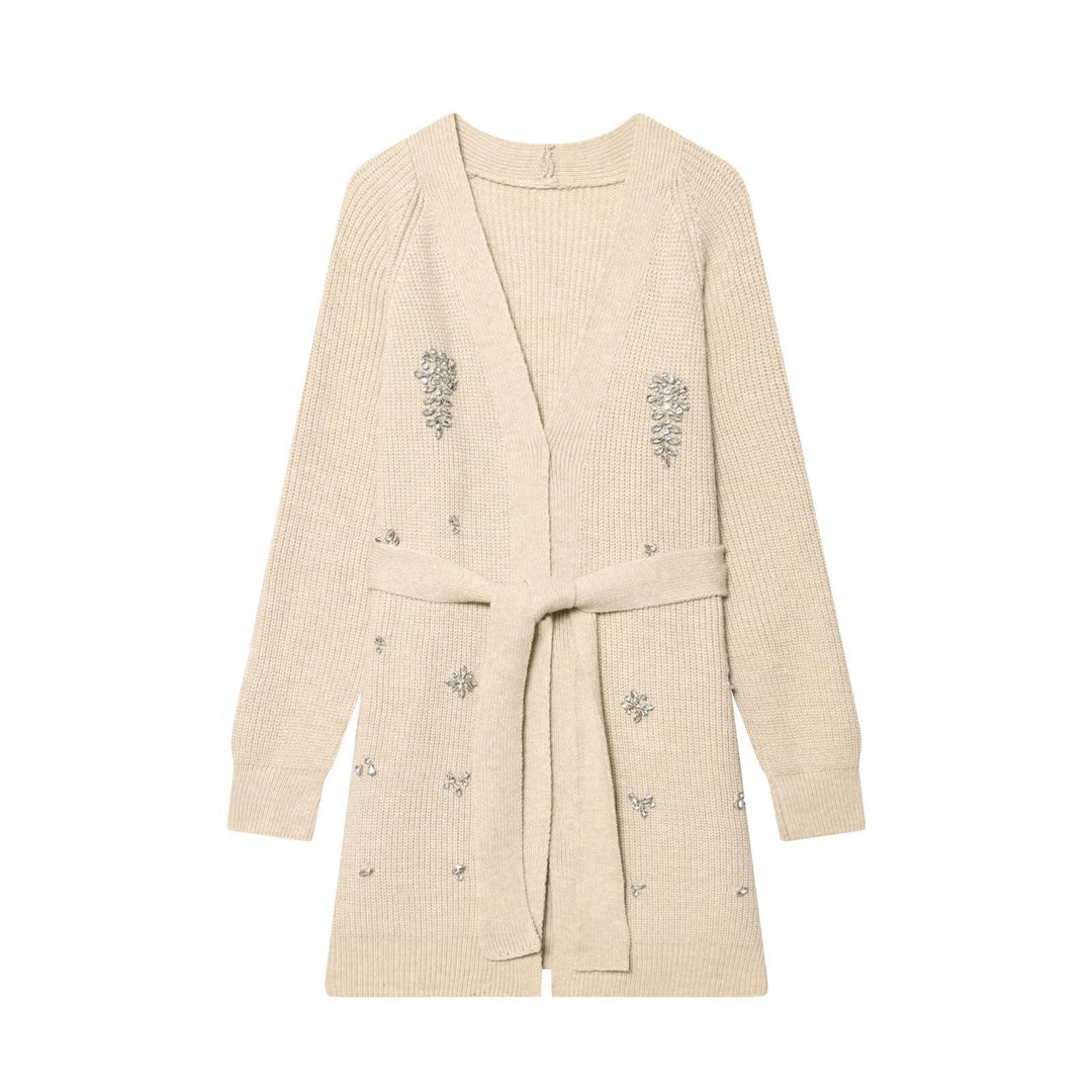 Damen Lange Strickjacke mit Bindegürtel und Schmuckstein-Applikation Shop Nory
