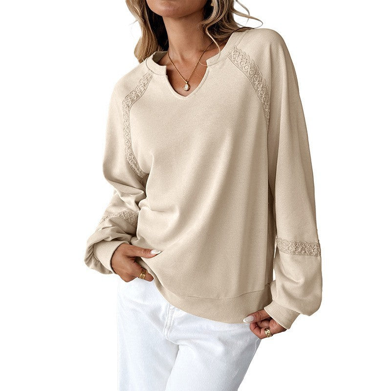 Damen Lässiges Sweatshirt mit V-Notch, Spitzeneinsätzen und Ballonärmeln Shop Nory
