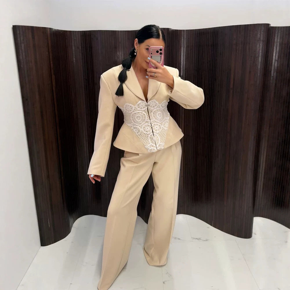 Damen Zweiteiliges Anzugset mit tailliertem Blazer, Spitzen‑Corsage und weiter Palazzohose Shop Nory