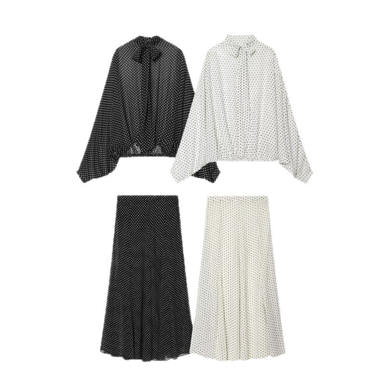 Damen Zweiteiliges Set aus leichtem Chiffon mit weitem Midirock und Ballonärmel-Bluse mit Schleifenkragen Shop Nory