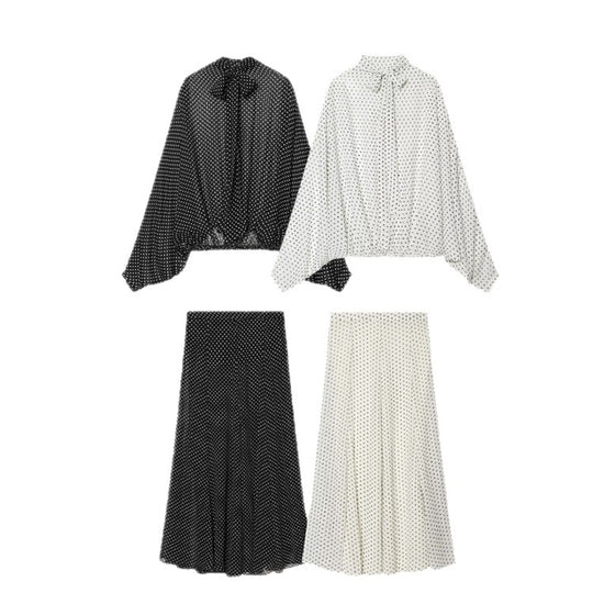 Damen Zweiteiliges Set aus leichtem Chiffon mit weitem Midirock und Ballonärmel-Bluse mit Schleifenkragen Shop Nory