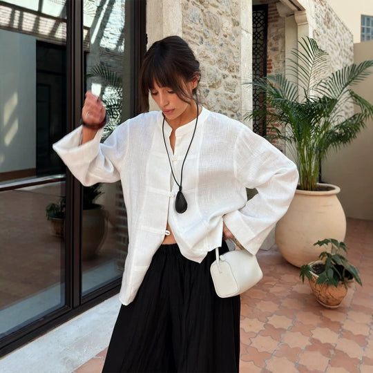 Damen Oversize-Leinenbluse mit Mandarin-Kragen, verdeckter Knopfleiste und dreiviertelärmeln Shop Nory