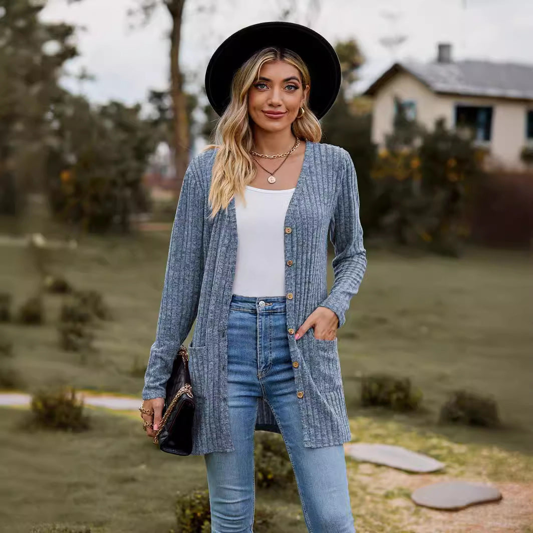 Damen Lang geschnittene Rippstrick‑Cardigan mit Knopfleiste und Eingrifftaschen Shop Nory