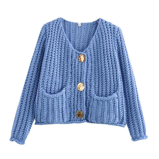 Damen Kurzcardigan im Rippen-Grobstrick mit aufgesetzten Taschen und Statementknöpfen Shop Nory