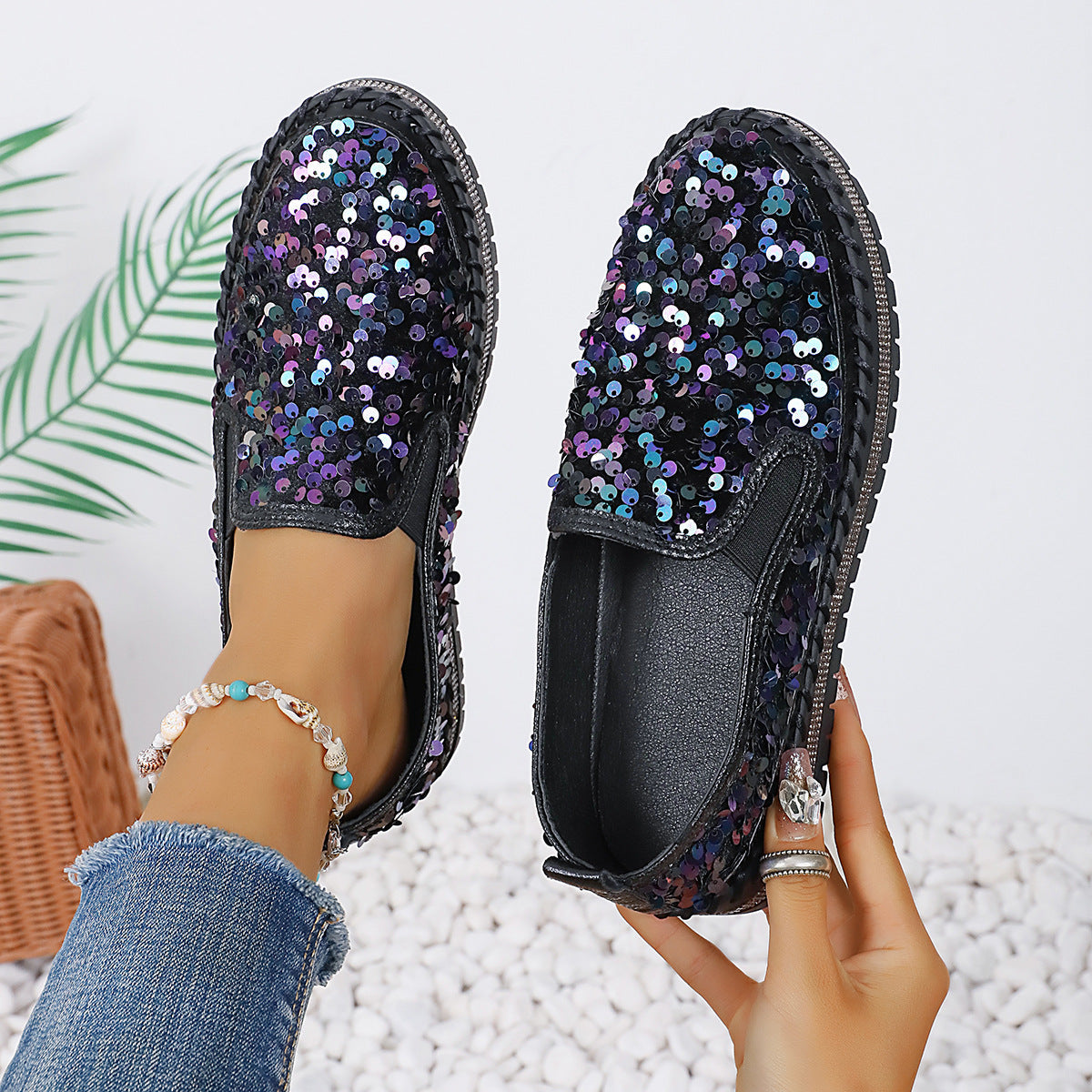 Damen Glitzernde Slip-On Sneakers mit elastischem Obermaterial und rutschfester Sohle Shopnory