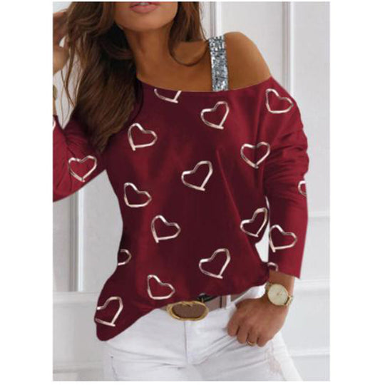 Damen Off-Shoulder Strickpullover mit Herzprint und Paillettenträger Shop Nory