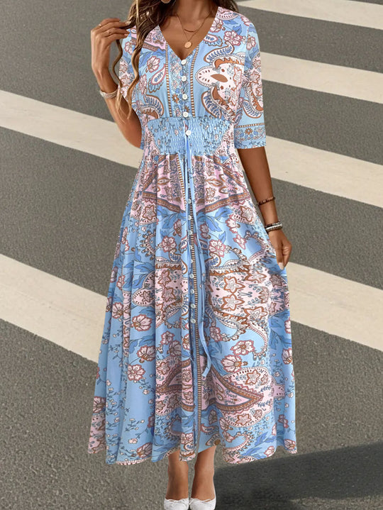 Damen Maxikleid mit Paisley‑Print, V‑Ausschnitt, Smok‑Taillenband und 3/4‑Ärmeln Shop Nory
