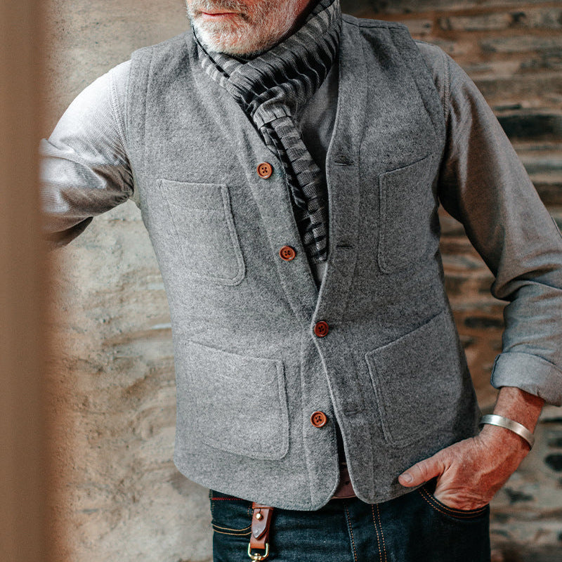 Herren Wolloptik‑Strukturweste mit V‑Ausschnitt, aufgesetzten Taschen & Knopfleiste Shop Nory
