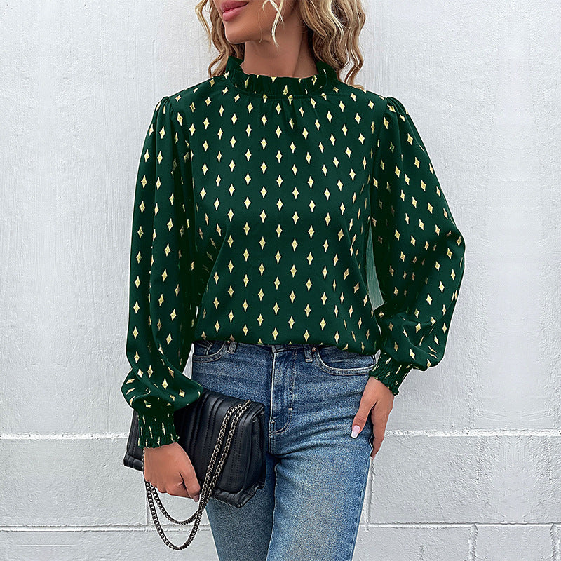 Damen Elegante Rüschen-Stehkragen-Bluse mit Puffärmeln und Smokbündchen Shop Nory