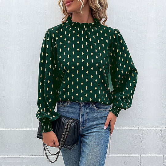 Damen Elegante Rüschen-Stehkragen-Bluse mit Puffärmeln und Smokbündchen Shop Nory
