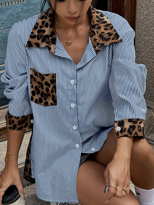Damen Oversize-Hemdbluse mit Nadelstreifen und Leoprint-Details Shop Nory