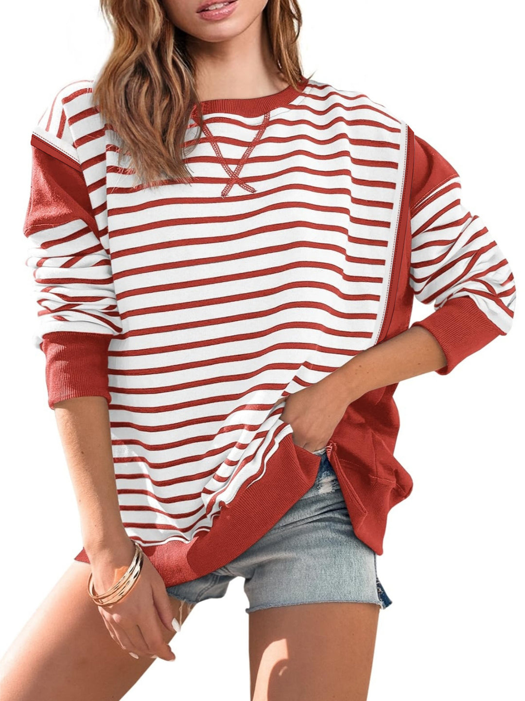 Damen Oversize-Sweatshirt im Marinelook mit Streifen, Raglanärmeln und Rippenbündchen Shop Nory