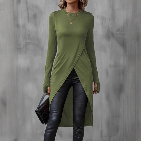 Damen Langes asymmetrisches Wickel-Tunika-Top mit Frontschlitz Shop Nory