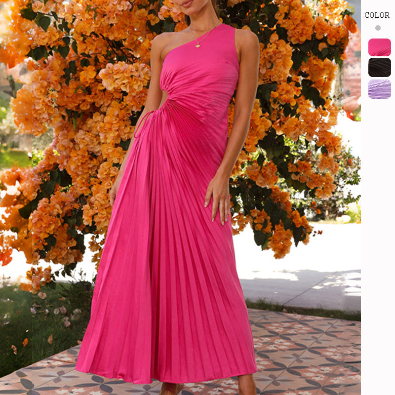 Damen Plissee-Maxikleid mit asymmetrischem Ausschnitt und seitlichem Cut-Out
