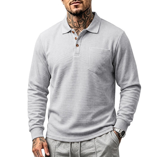 Herren Waffelstruktur-Poloshirt mit Brusttasche und Holzknöpfen Shop Nory