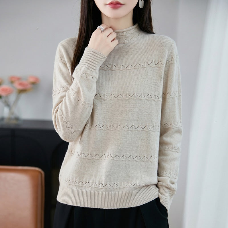 Damen Leichter Ajourstrick-Pullover mit kurzem Stehkragen und feinem Rippsaum Shop Nory