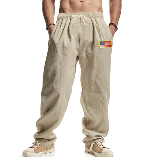 Herren Locker sitzende Freizeit-Hose im Leinen-Look mit elastischem Bund, Kordelzug & Flaggenpatch Shop Nory