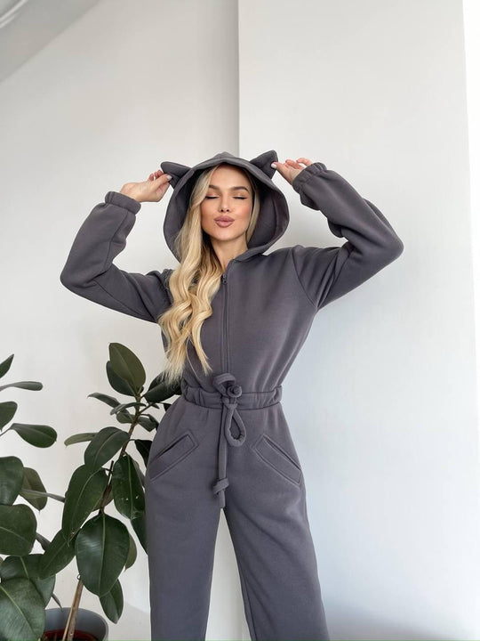 Damen Kuscheliger Kapuzen-Overall mit Katzenohren und Taillenzug Shop Nory